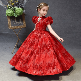 欣入荷红色亮片晚礼服女童泡泡袖 公主裙华丽国风演出服 蓬蓬裙长款