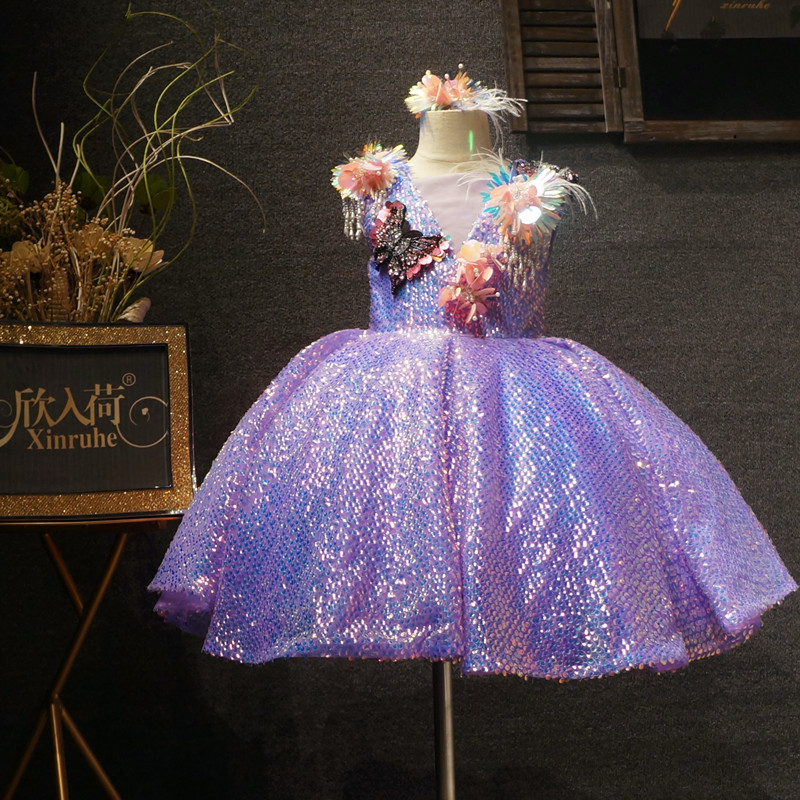儿童短款礼服亮片紫色女六一生日