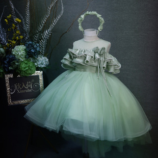 绿色森林系女童网纱生日主持演出聚会生日短款 蓬蓬裙礼服