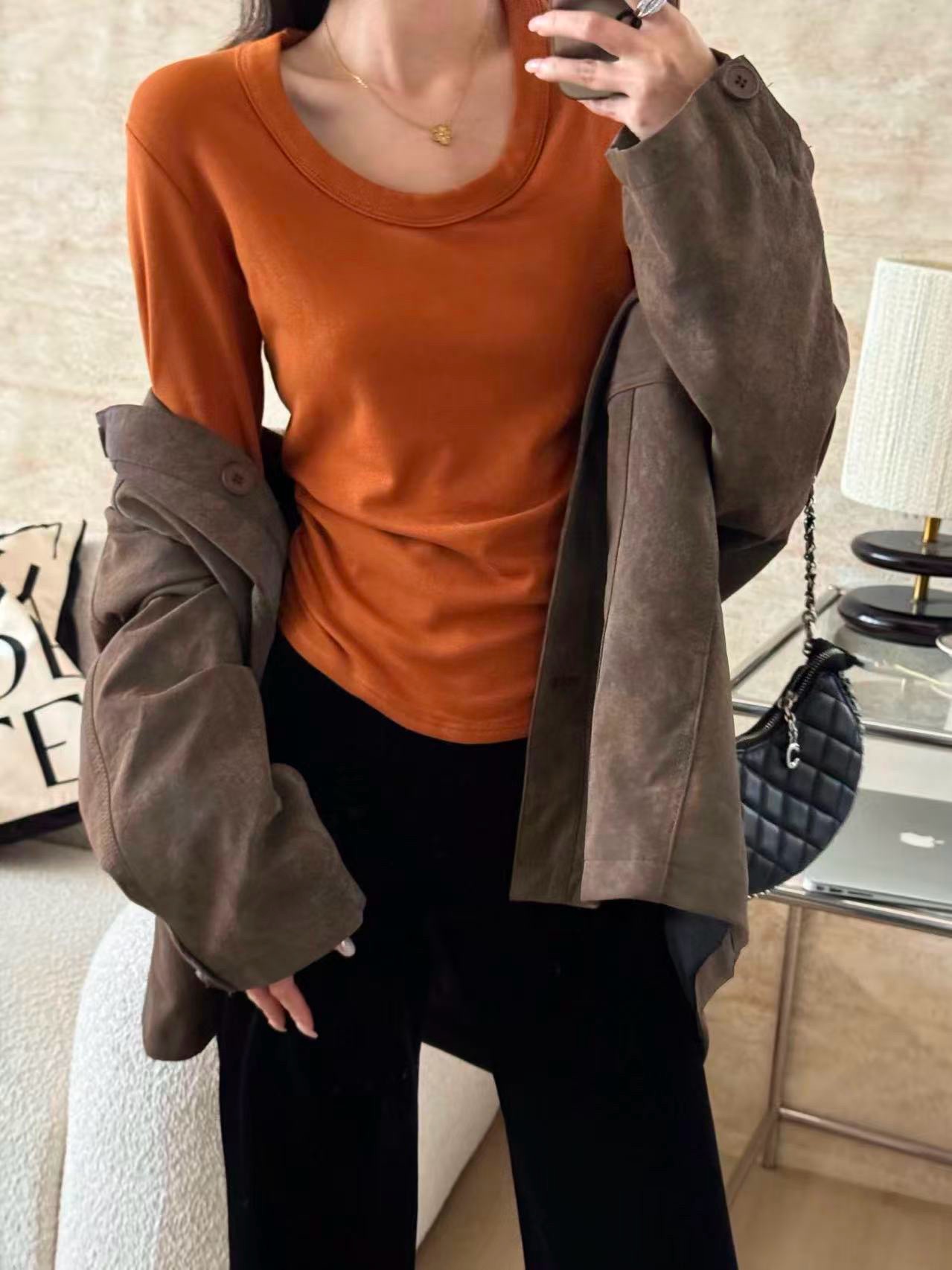 韩版微宽松休闲经典百搭显瘦圆领长袖U领加绒打底衫T恤女内搭