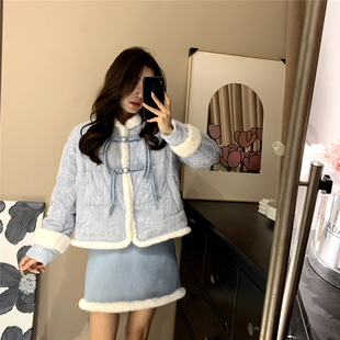 花妖原创冬季复古国风中式盘扣蓝色提花羽绒服外套半身裙两件套装