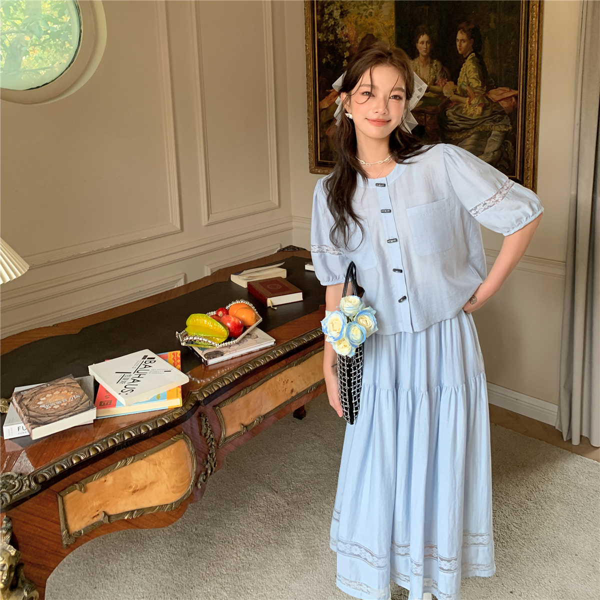 复古蕾丝蓝色衬衫半裙两件套