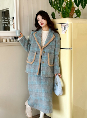 花妖原创复古法式蓝色格子加棉粗花长毛呢外套高腰半裙两件套装冬