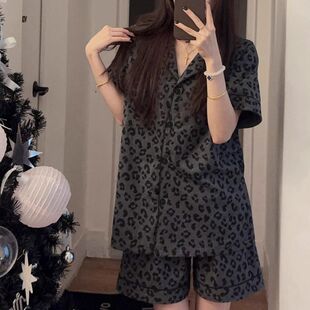 加大码300斤胖mm豹纹Kitty睡衣女夏季宽松短袖短裤黑色家居服套装