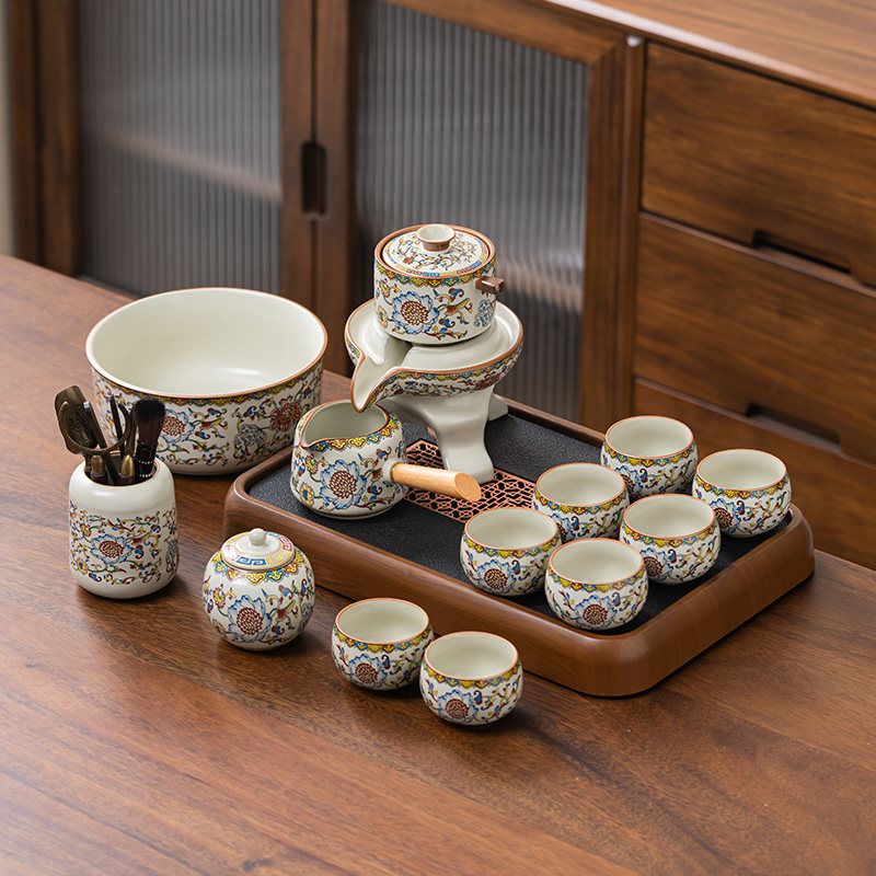 懒人自动泡茶神器五彩缠枝莲功夫茶具套装13头家用办公整套,餐饮具,功夫茶具,淘宝优惠券,粉丝福利购,淘宝优惠卷