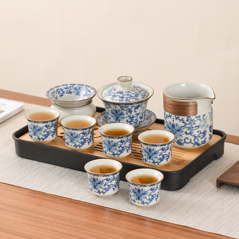 青花汝窑盖碗茶杯套装