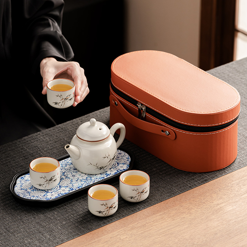 中式手绘竹韵便携功夫茶具套装含茶壶四杯户外家用泡茶雅致实用