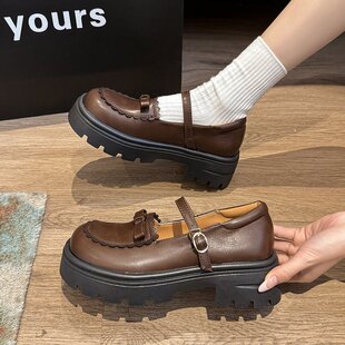 棕色复古英伦风小皮鞋女2024新款冬季厚底日系jk配裙子玛丽珍单鞋