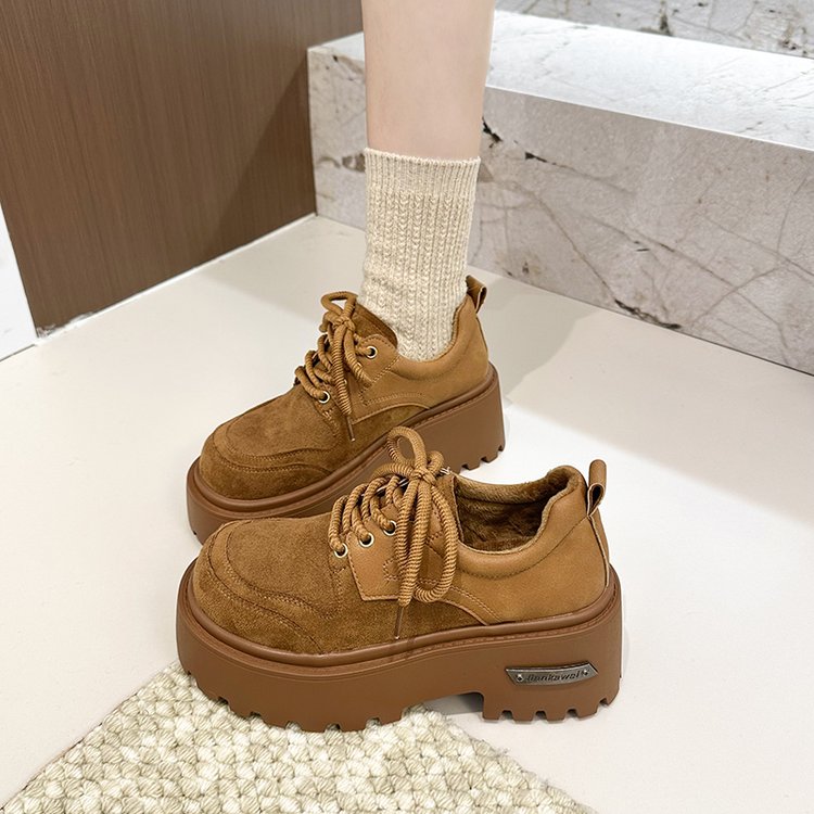 法式加绒增高厚底深口单鞋女秋冬季2025新款勃肯鞋大头系带小皮鞋