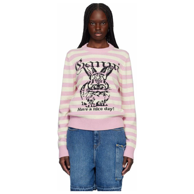 GANNI 粉色  白色 Striped Graphic Wool Bunny 毛衣女时尚针织