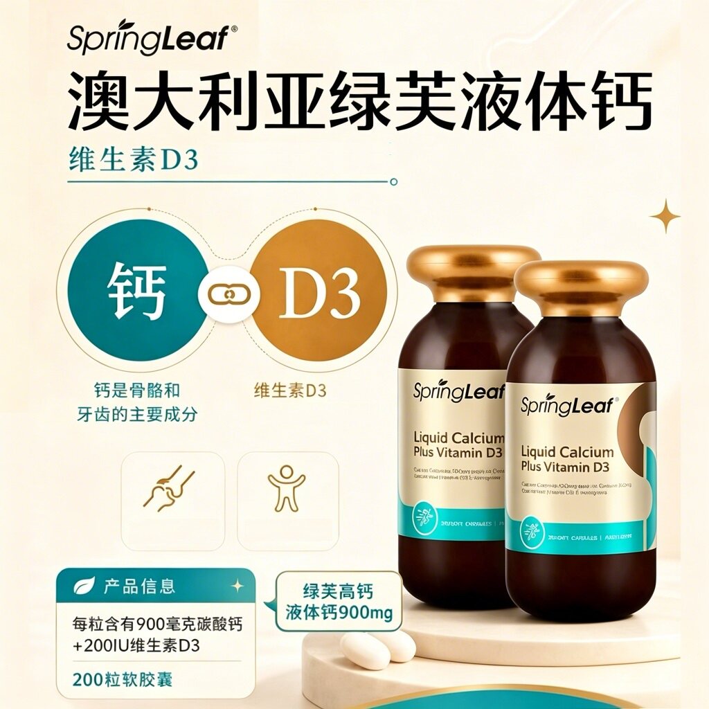 【2瓶】澳洲SpringLeaf绿芙高钙液体钙900mg胶囊200粒含维生素D3
