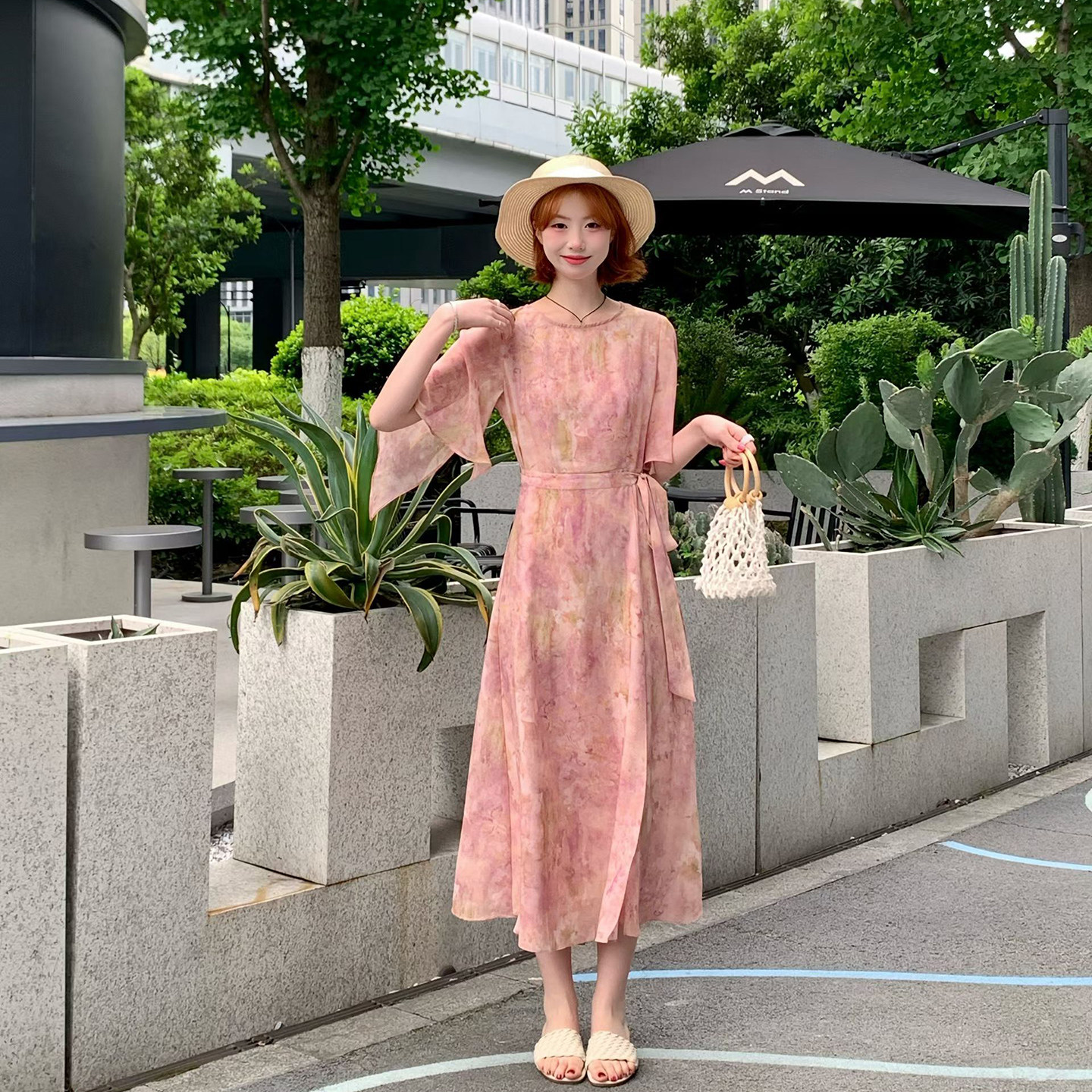 法式碎花仿真丝雪纺连衣裙女夏中袖系带收腰显瘦气质中长裙高级感
