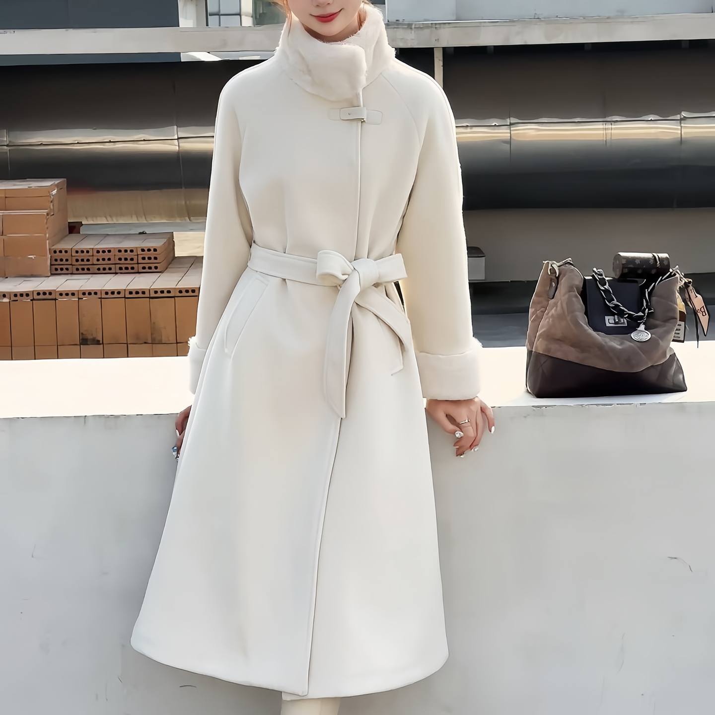 极简高领羊毛呢收腰中长羽绒大衣