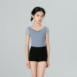 夏季新款网纱拼接芭蕾舞服儿童短袖连体练功服修身显瘦透气舞蹈服