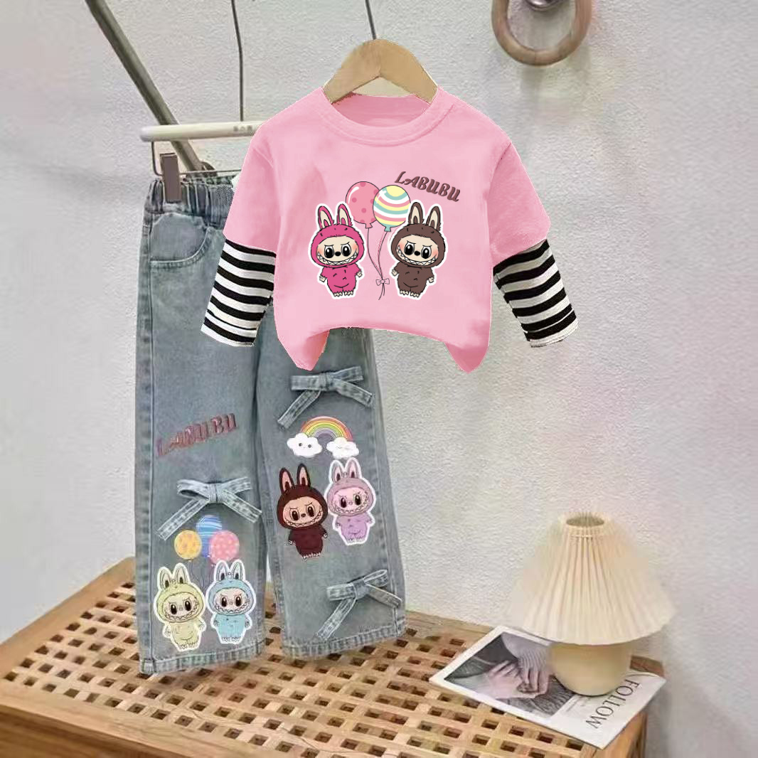 女童春秋款拉布布卡通儿童洋气假两件时髦长袖上衣牛仔裤两件套