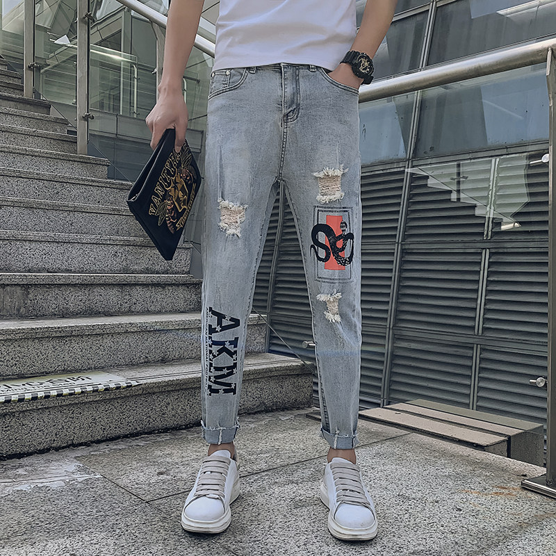 男士牛仔裤修身裤子潮流九分潮牌男韩版2025新款夏季破洞烟花P55,男装牛仔裤,电商A270