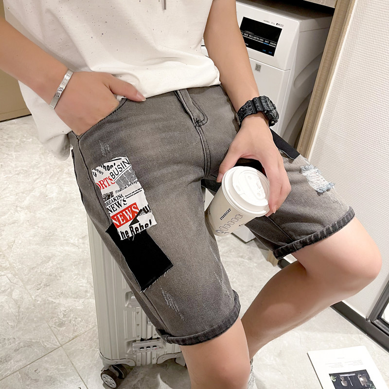 2025男夏季短裤韩版潮流牛仔裤五分裤破洞浅色5分裤青年-p48图片