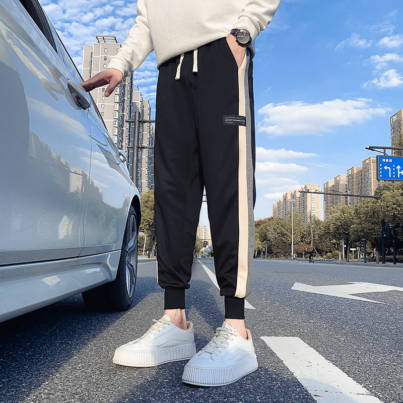 秋季男士休闲裤裤子长裤潮流束脚运动条纹侧面灰色X135-P55,男装休闲裤,电商A270