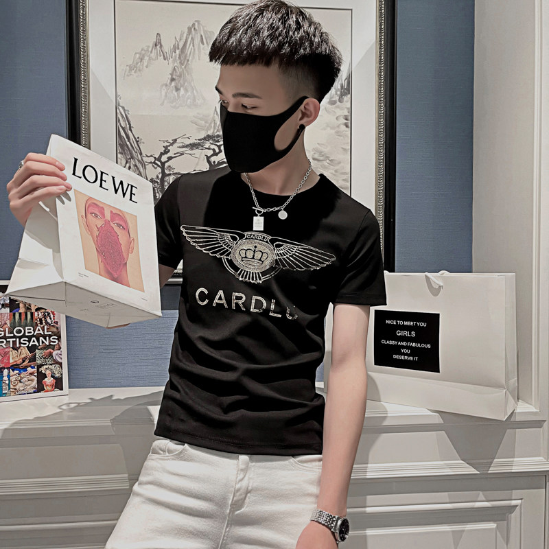 2025夏季男短袖t恤半袖潮流体恤修身网红衣服潮牌百搭黑AT45-P35,男装T恤,电商A270