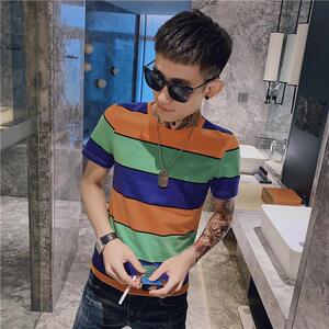 夏季男士彩色条纹T恤彩虹短袖半袖时尚个性网红潮流衣服潮牌P38图片