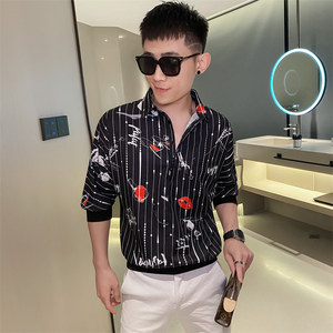 嘴唇衬衫男夏季新款冰丝薄款短袖帅气衬衣潮流痞帅网红上衣服P40图片