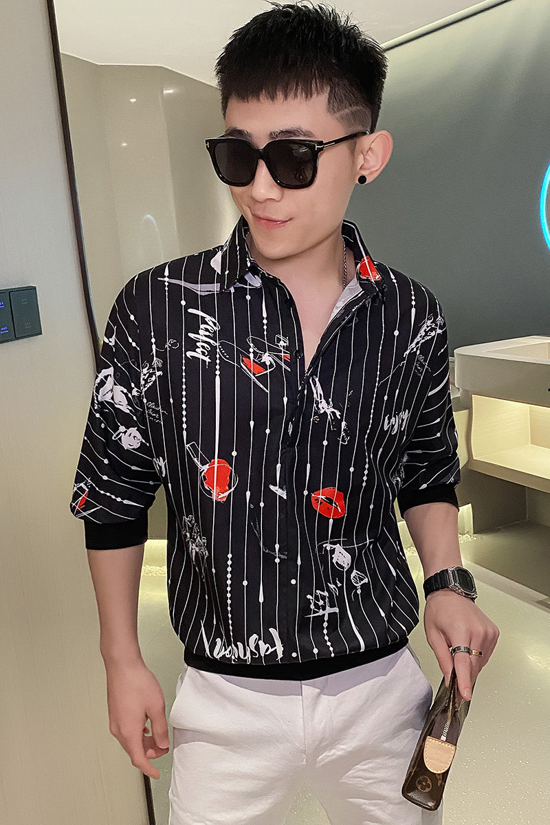 嘴唇衬衫男夏季新款冰丝薄款短袖帅气衬衣潮流痞帅网红上衣服P40,男装T恤,电商A270