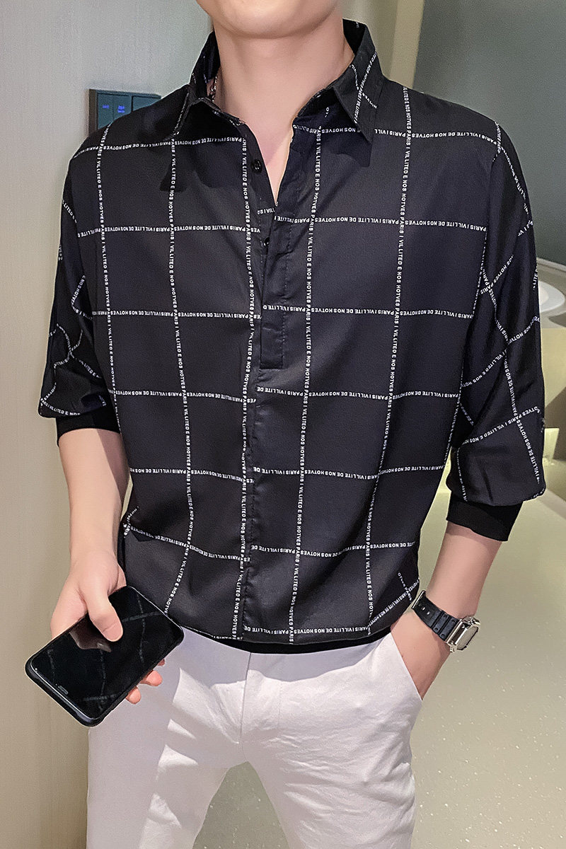 格子衬衫男夏季新款冰丝薄款短袖帅气衬衣潮流痞帅网红发型师P40,男装T恤,电商A270