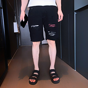 男生五分裤牛仔痞帅2022乞丐短裤黑色潮牌个性破洞百搭夏季p45图片