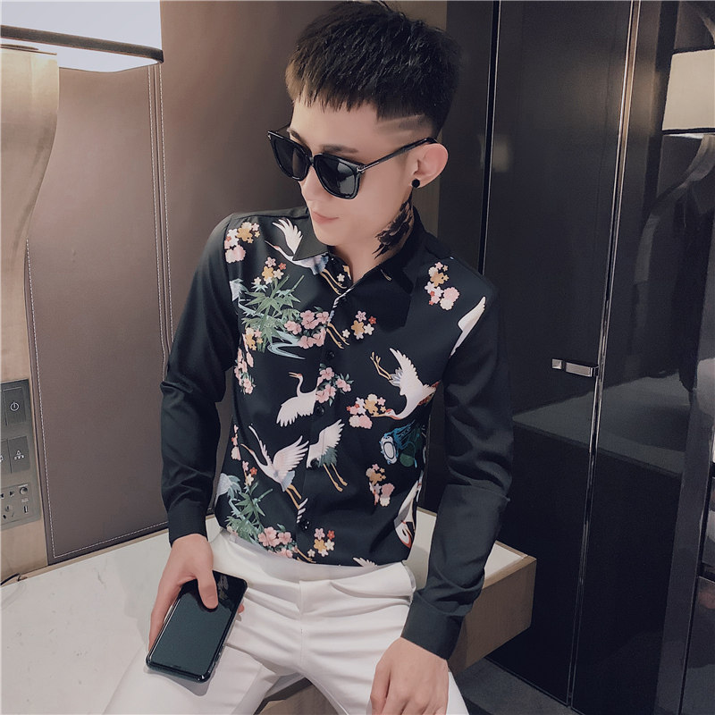 男士衬衫修身印花仙鹤帅气百搭潮流上衣服衬衣工作服精神小伙P50,男装衬衫,电商A270