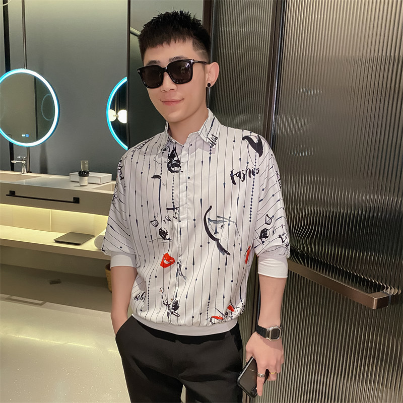 嘴唇衬衫男夏季新款冰丝薄款短袖帅气衬衣潮流痞帅网红上衣服P40,男装T恤,电商A270