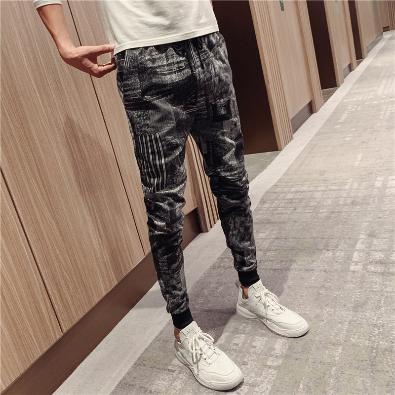 2019潮男网红秋季新款花裤子潮流韩版小脚社会精神小伙休闲裤P60,男装休闲裤,电商A270