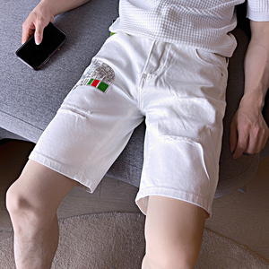 中潮流牛仔潮牌薄修身破洞夏季短裤休闲弹力男裤子五分裤白色P48图片