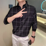 格子衬衫男夏季新款冰丝薄款短袖帅气衬衣潮流痞帅网红发型师P40，男装T恤，电商A270