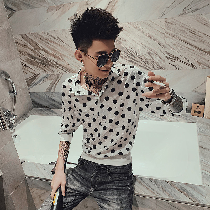 夏季薄款潮流男士衬衫韩版宽松圆点衬衣潮牌很仙的社会人精神小伙,男装衬衫,电商A270
