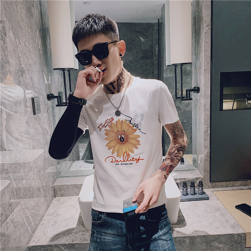 夏季短袖T恤男修身印花潮流衣服潮牌时尚社会小伙菊花精神小伙P38,男装T恤,电商A270