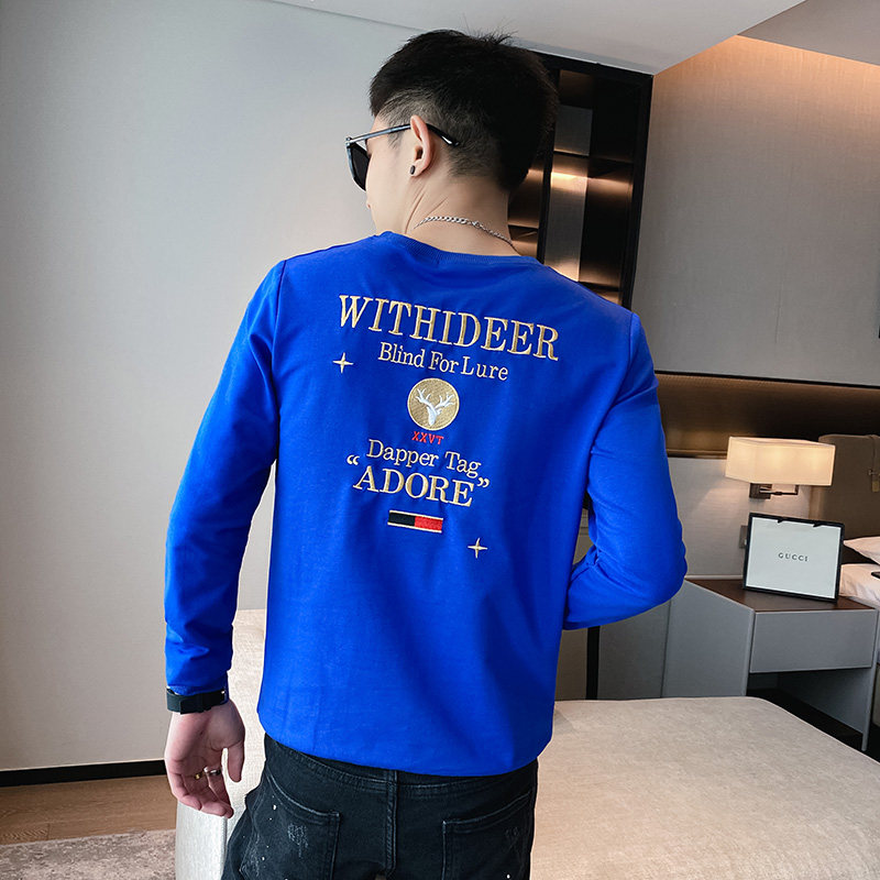 卫衣男生春秋季长袖圆领刺绣痞帅外套打底衫网红2025新款蓝色P55图片