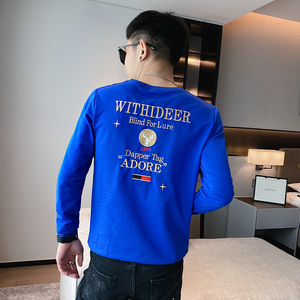 卫衣男生春秋季长袖圆领刺绣痞帅外套打底衫网红2025新款蓝色P55图片