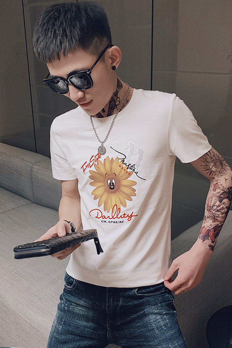 夏季短袖T恤衫男士修身印花潮流衣服潮牌时尚个性菊花精神小伙P38,男装T恤,电商A270