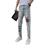 男士牛仔裤修身裤子潮流九分潮牌男韩版2025新款夏季破洞印花P55，男装牛仔裤，电商A270