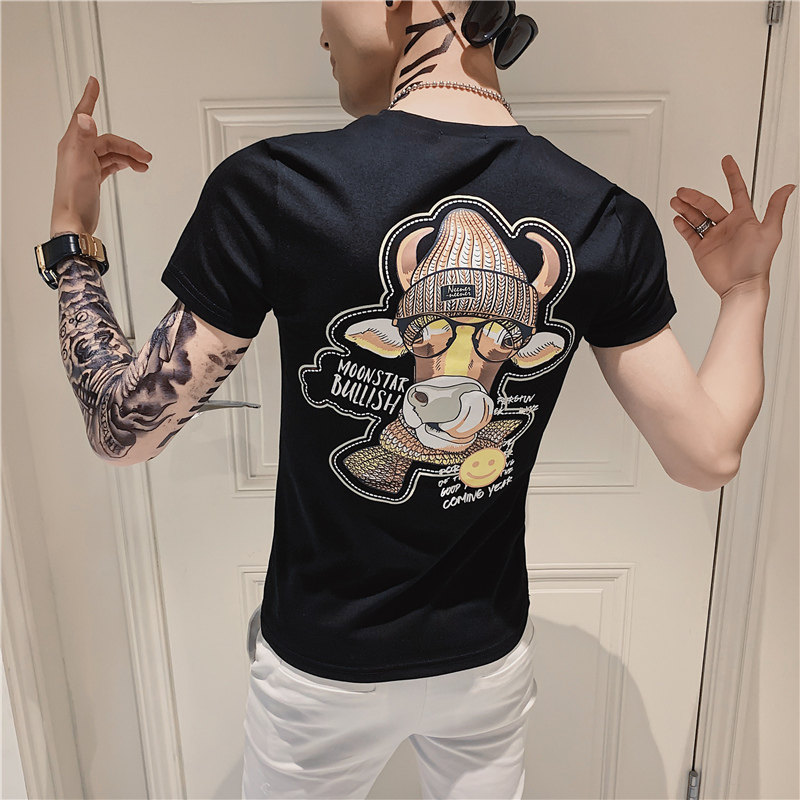 2025夏季男短袖t恤半袖潮流体恤修身网红衣服潮牌百搭白AT33-P35,男装T恤,电商A270