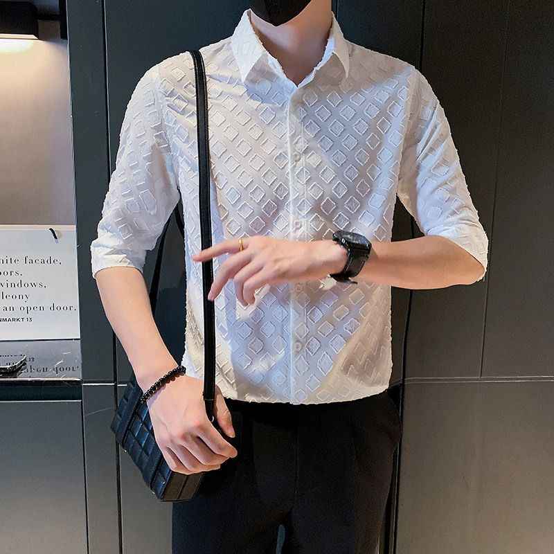 夏季男士衬衫衬衣上衣中袖潮流休闲帅气痞帅高级感发型师P58图片