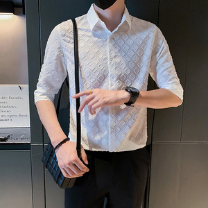 夏季男士衬衫衬衣上衣中袖潮流休闲帅气痞帅高级感发型师P58图片