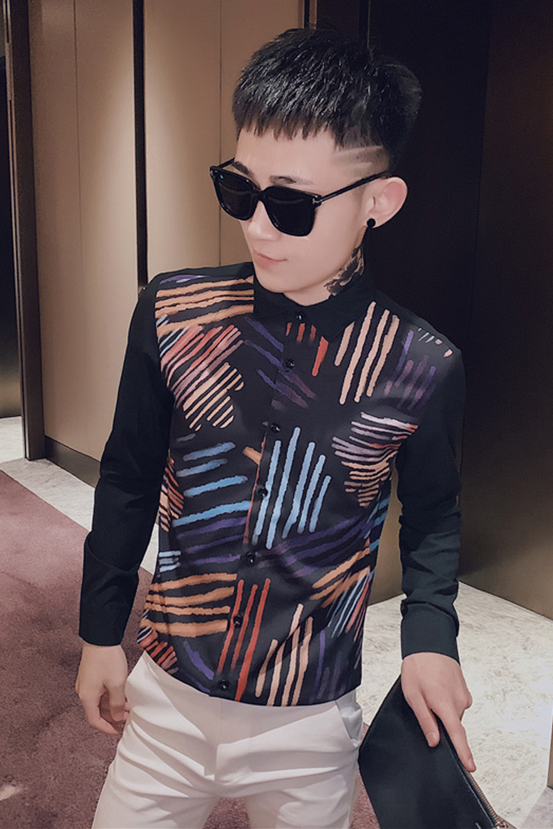 男士衬衫修身彩虹条纹帅气百搭潮流上衣服衬衣工作服精神小伙P50,男装衬衫,电商A270