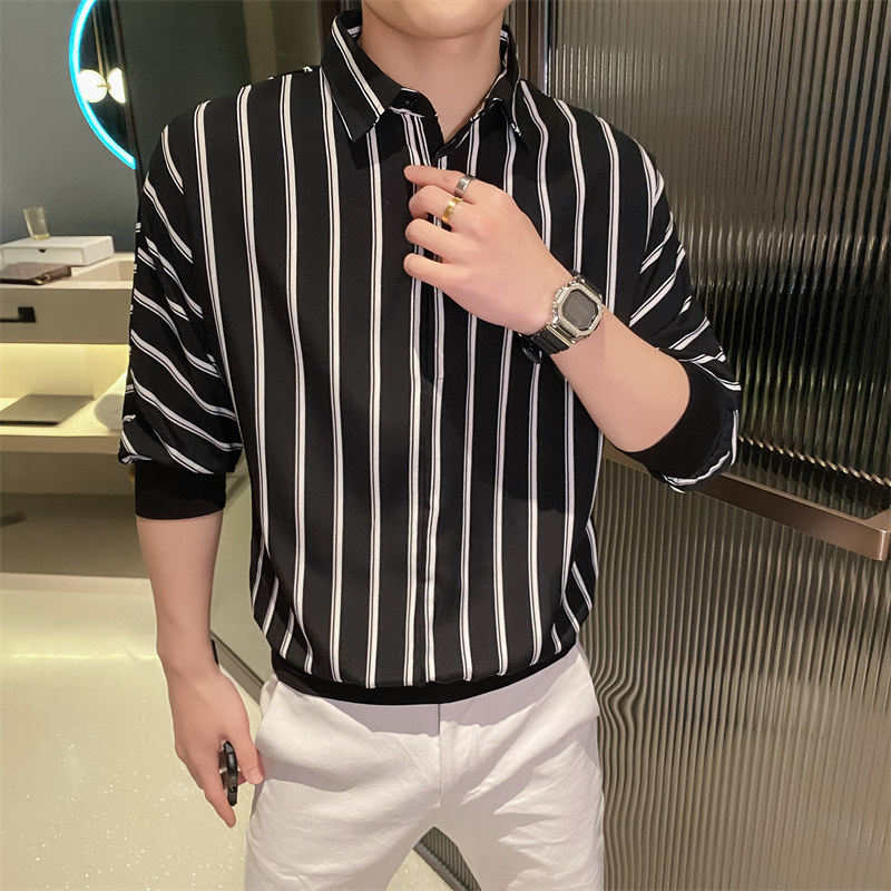 条纹衬衫男夏季新款冰丝薄款短袖帅气衬衣潮流痞帅网红上衣潮P40图片
