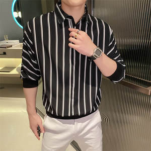 条纹衬衫男夏季新款冰丝薄款短袖帅气衬衣潮流痞帅网红上衣潮P40图片