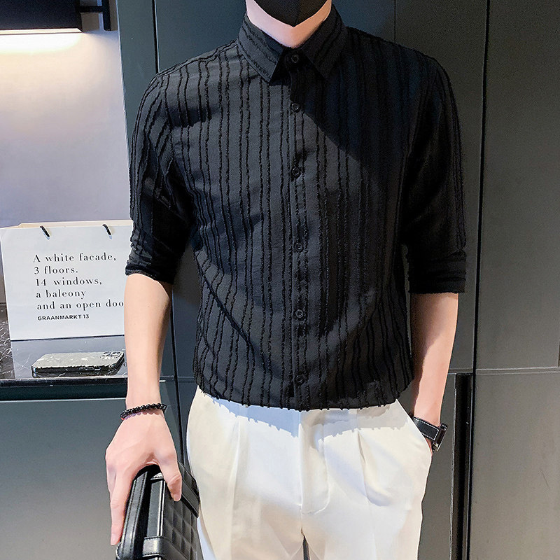 夏季男衬衫七分袖条纹休闲帅气痞帅高级感短袖发型师潮牌男装P58,男装T恤,电商A270