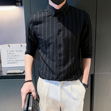 夏季男衬衫七分袖条纹休闲帅气痞帅高级感短袖发型师潮牌男装P58，男装T恤，电商A270