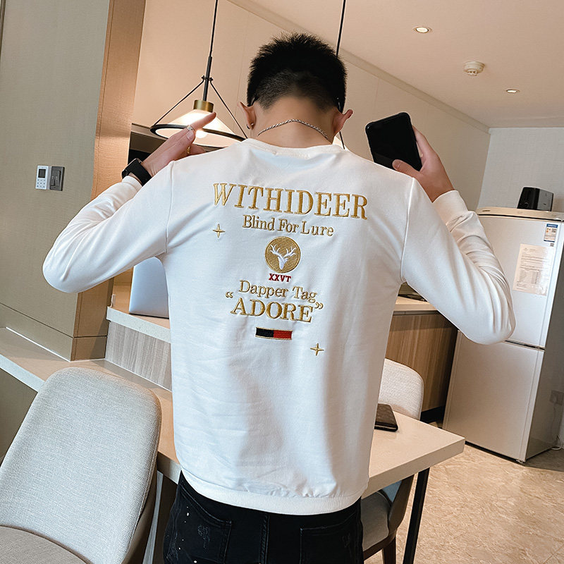 卫衣男生春秋季长袖圆领刺绣痞帅外套打底衫网红2025新款黑色P55,男装T恤,电商A270