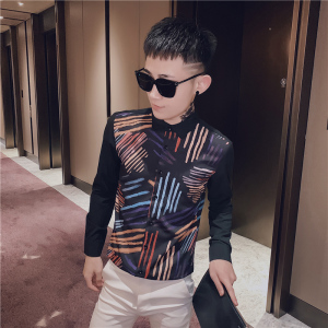 男士衬衫修身彩虹条纹帅气百搭潮流上衣服衬衣工作服精神小伙P50图片