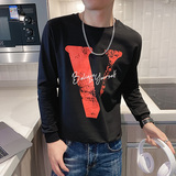 2025秋季卫衣男打底衫圆领印花字母休闲潮流痞帅上衣服长袖T恤P50，男装T恤，电商A270